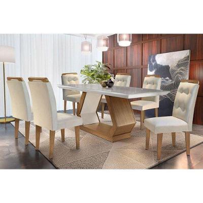 Kit Mesa C- Tampo Vidro Canto Reto 180cm + 6 Cadeiras Imbuia Creme