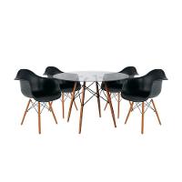 Mesa Sala De Jantar Vidro Redonda 110Cm Vidro Com 4 Poltronas Pretas Base Madeira Preto - 1
