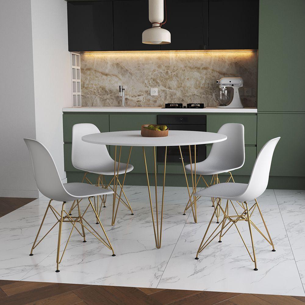 Mesa Jantar Redonda 110Cm Branca Clips 3 Pés Com 4 Cadeiras Eames Eiffel Brancas Base Dourada - 1