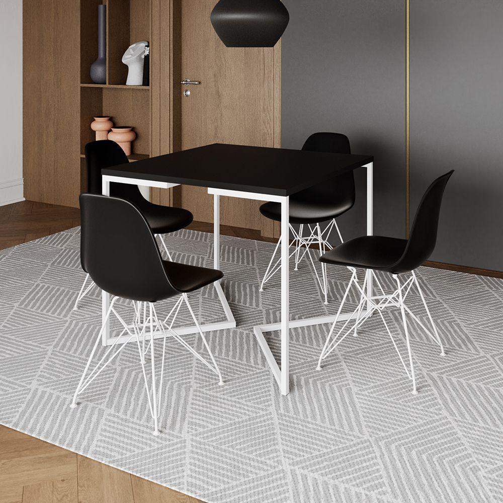 Mesa Industrial Quadrada Jantar Preta 90Cm Base V Com 4 Cadeiras Pretas Eames Eiffel Ferro Branco - 1