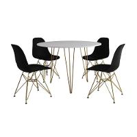 Mesa Jantar Redonda 110Cm Branca Clips 3 Pés Com 4 Cadeiras Eames Eiffel Pretas Base Dourada - 6