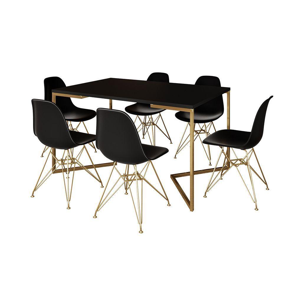 Mesa Jantar Industrial Retangular 137X90Cm Preta Base V Com 6 Cadeiras Eames Eiffel Pretas Base Dour - 6