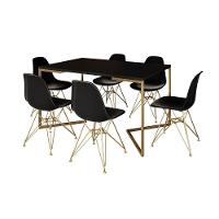 Mesa Jantar Industrial Retangular 137X90Cm Preta Base V Com 6 Cadeiras Eames Eiffel Pretas Base Dour - 6