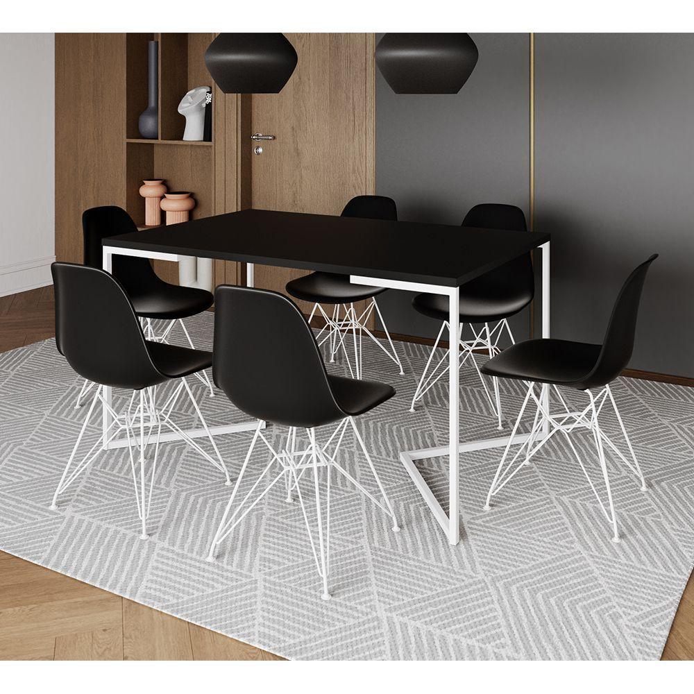 Mesa Industrial Jantar Retangular 137X90Cm Preta Base V Com 6 Cadeiras Eames Eiffel Pretas Ferro Bra - 1