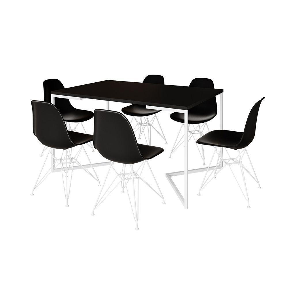 Mesa Industrial Jantar Retangular 137X90Cm Preta Base V Com 6 Cadeiras Eames Eiffel Pretas Ferro Bra - 6