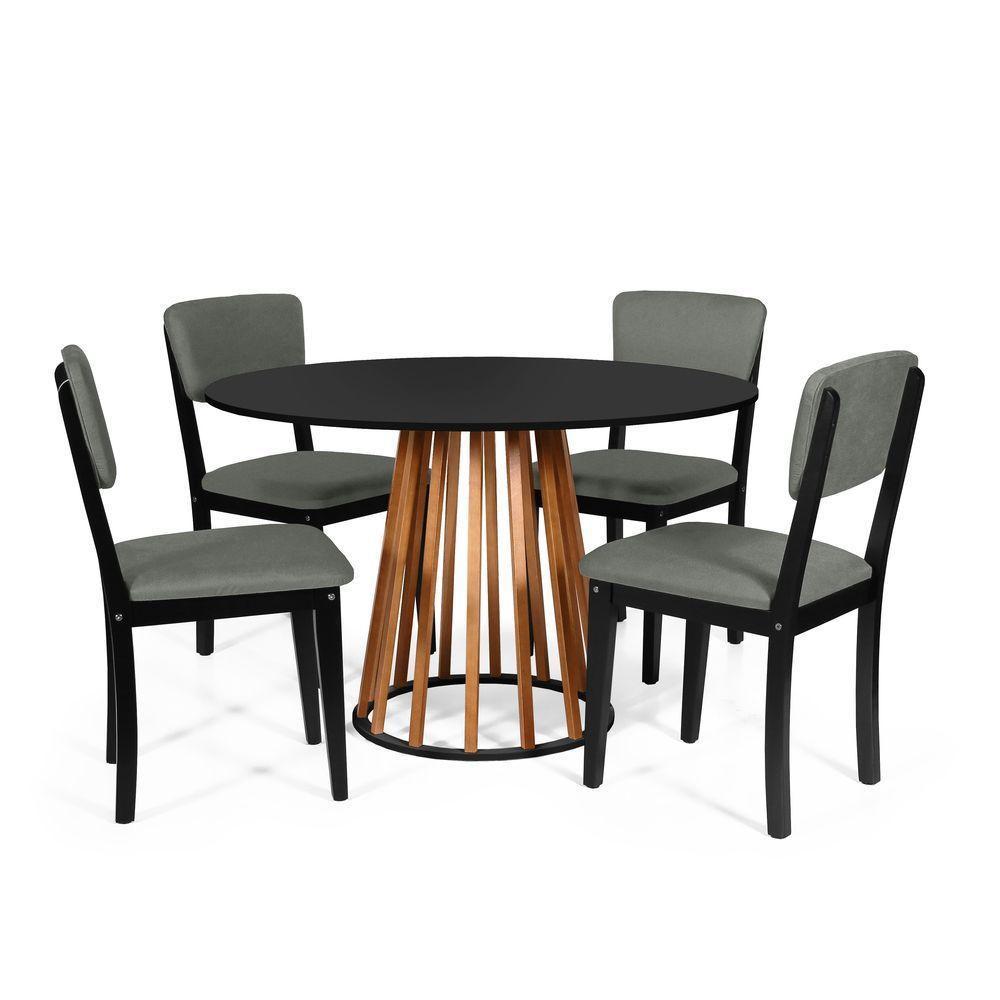 Mesa De Jantar Redonda Gabi Nat/pret Com 4 Cadeiras Estofadas Ella Preto/cinza - 1
