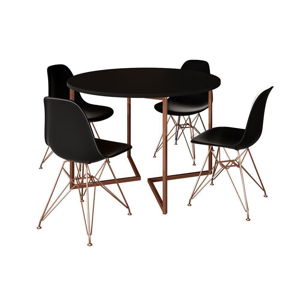 Mesa Industrial Jantar Redonda Preta 110Cm Base V Com 4 Cadeiras Eames Pretas Base Cobre - 9