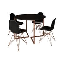 Mesa Industrial Jantar Redonda Preta 110Cm Base V Com 4 Cadeiras Eames Pretas Base Cobre