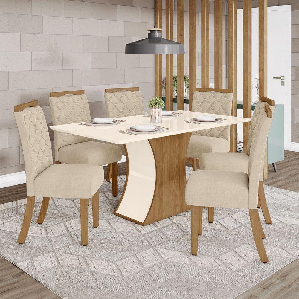 Conjunto Sala De Jantar Tampo Mdf Canto Reto 160 Cm 06 Cadeiras Amélia Henn Off White Com Nature E Linho - 1