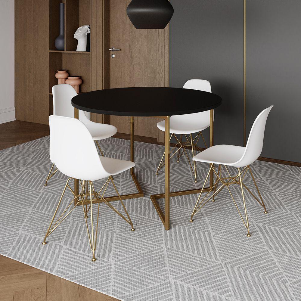 Mesa Jantar Industrial Redonda 110Cm Preta Base V Dourada Com 4 Cadeiras Eames Eiffel Brancas Base D - 1