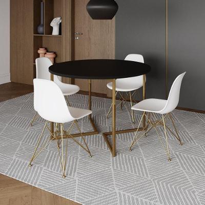 Mesa Jantar Industrial Redonda 110Cm Preta Base V Dourada Com 4 Cadeiras Eames Eiffel Brancas Base D