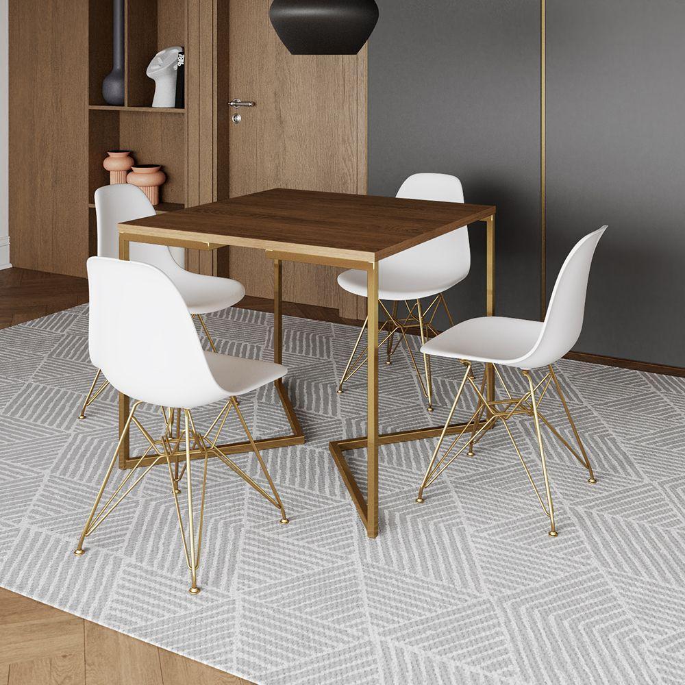Mesa Jantar Industrial Quadrada 90Cm Amêndoa Base V Com 4 Cadeiras Eames Eiffel Brancas Base Dourada - 1