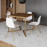 Mesa Jantar Industrial Quadrada 90Cm Amêndoa Base V Com 4 Cadeiras Eames Eiffel Brancas Base Dourada - 1