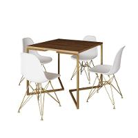 Mesa Jantar Industrial Quadrada 90Cm Amêndoa Base V Com 4 Cadeiras Eames Eiffel Brancas Base Dourada - 11