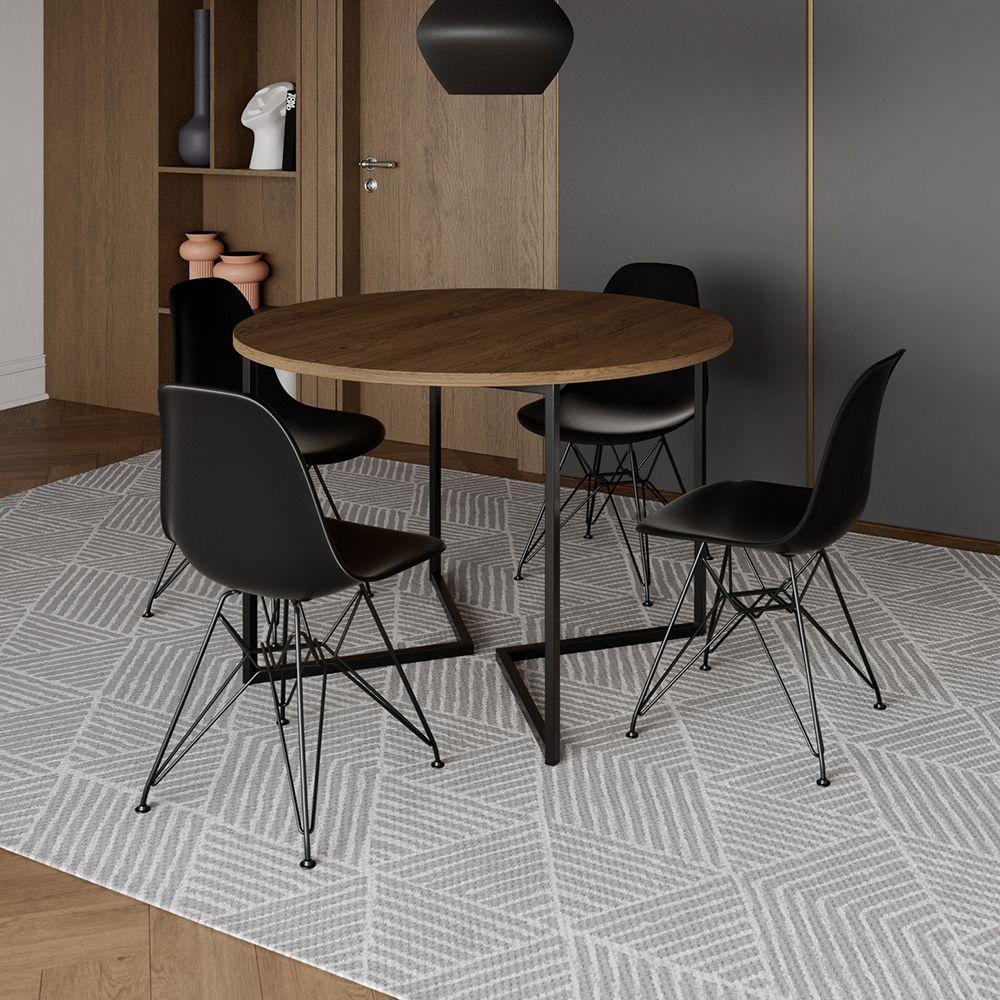 Mesa Industrial Jantar Redonda Amêndoa 110Cm Base V Com 4 Cadeiras Eames Pretas Ferro Preto - 1