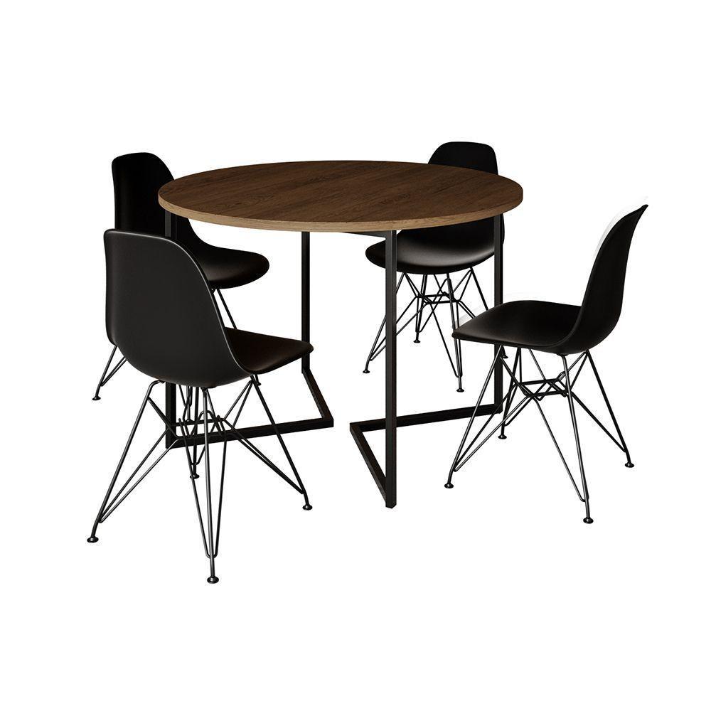Mesa Industrial Jantar Redonda Amêndoa 110Cm Base V Com 4 Cadeiras Eames Pretas Ferro Preto - 6