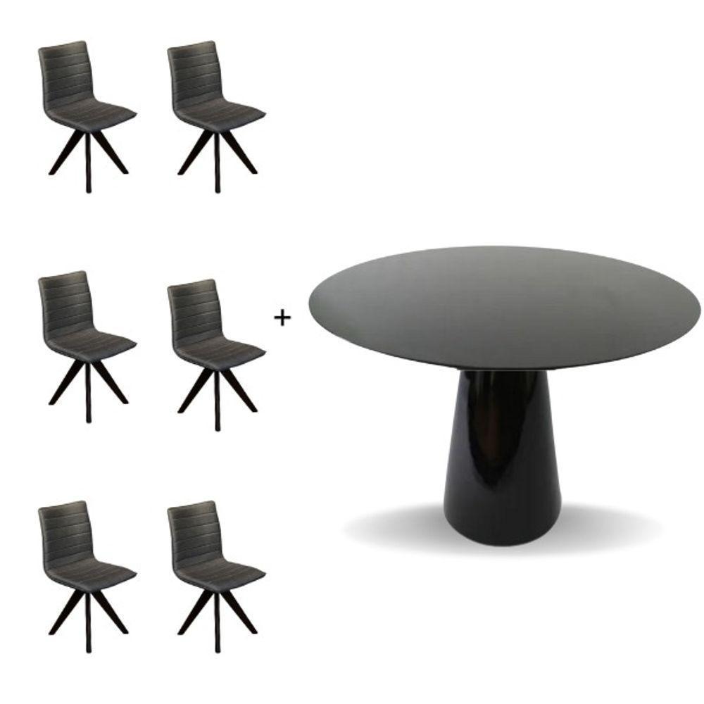 Conjunto Mesa De Jantar Cone 140 Cm Laca Preta Com Cadeiras Cercatto Giratória Revestida Em Tecido Linho Cinza Chumbo Cor Preto - 1