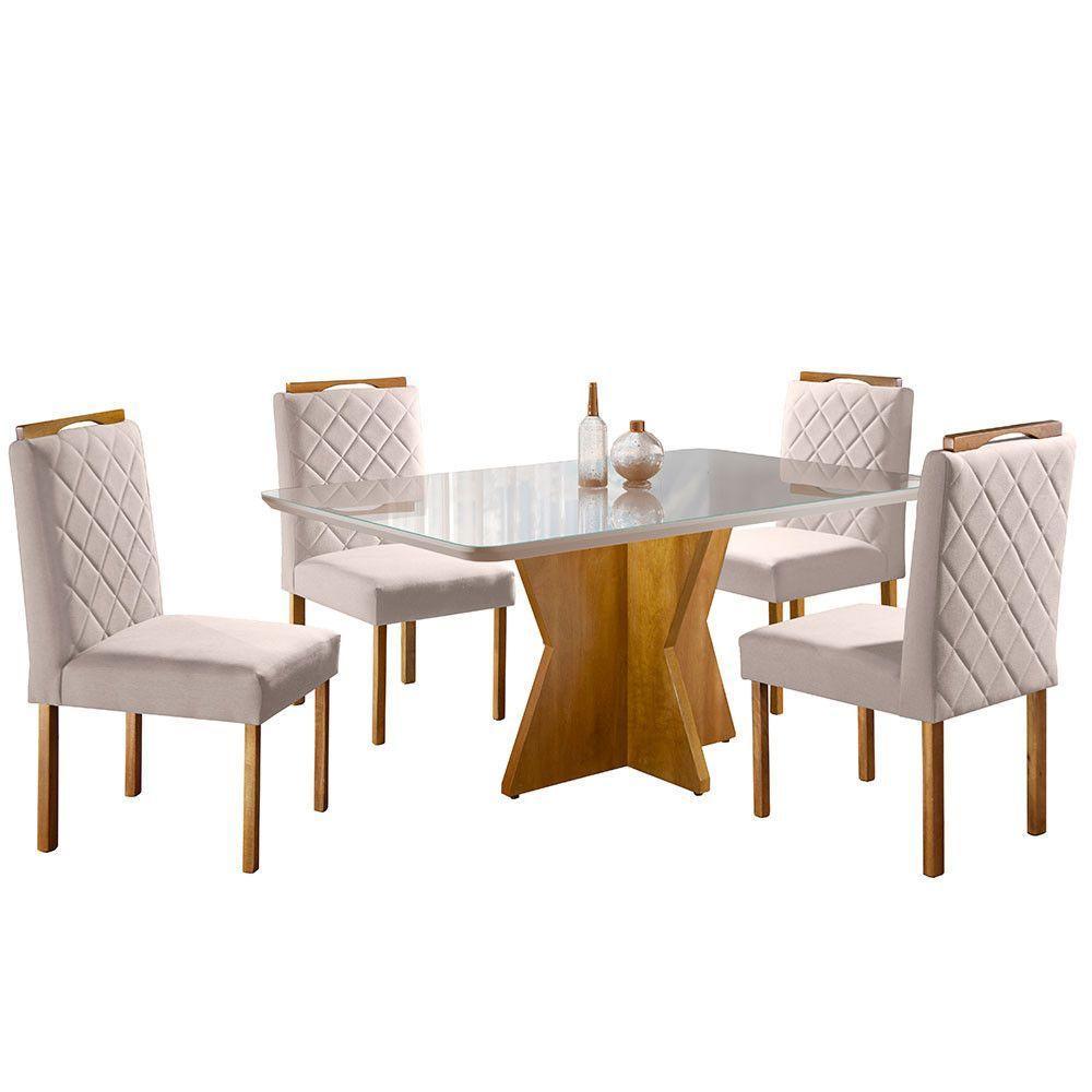Conjunto Sala De Jantar 4 Lugares Moscou Madeira Maciça E Tampo Com Vidro Mel/off White/ Bege Areia - 5