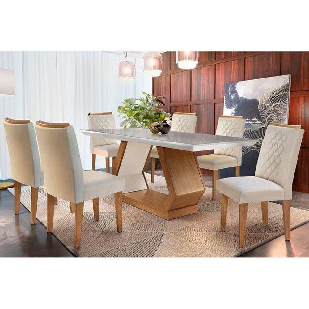 Conjunto: Mesa Sala Jantar Alvorada c/ Tampo Madeirado c/ Vidro Canto Reto 180cm + 6 Cadeiras Jade Imbuia/Creme - Rufato - 1