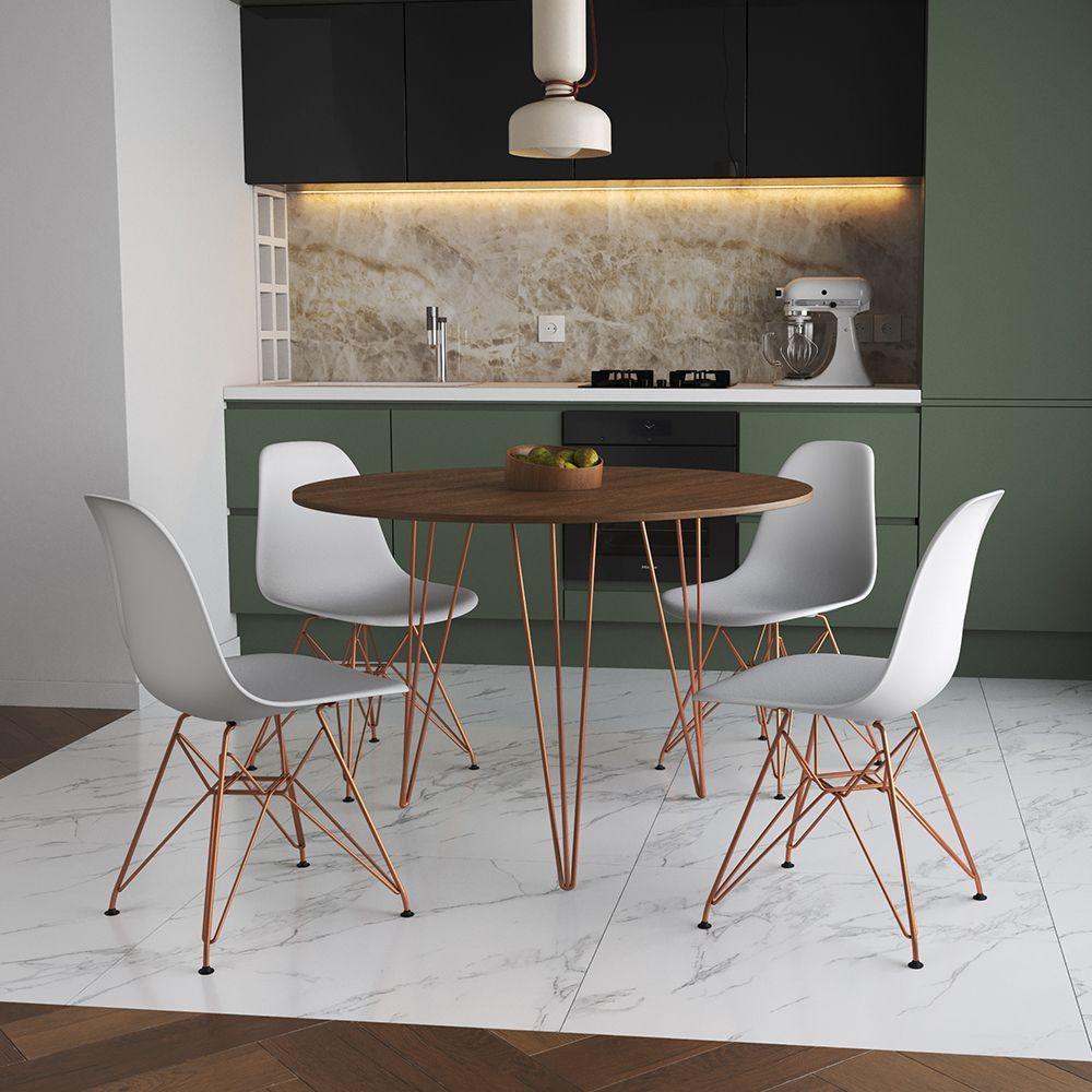 Mesa Jantar Redonda 110Cm Amêndoa Clips 3 Pés Com 4 Cadeiras Eames Eiffel Brancas Base Cobre - 1