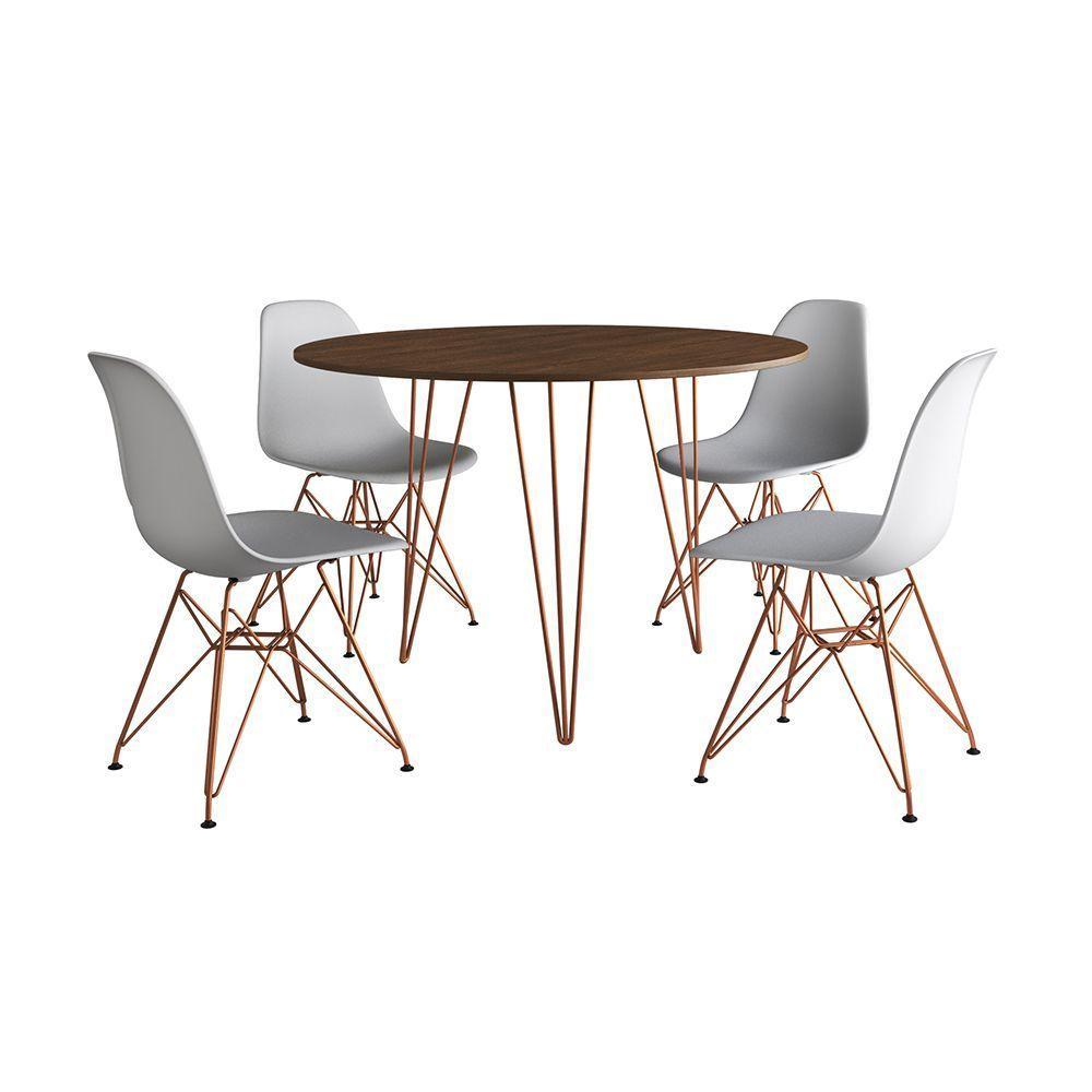 Mesa Jantar Redonda 110Cm Amêndoa Clips 3 Pés Com 4 Cadeiras Eames Eiffel Brancas Base Cobre - 6