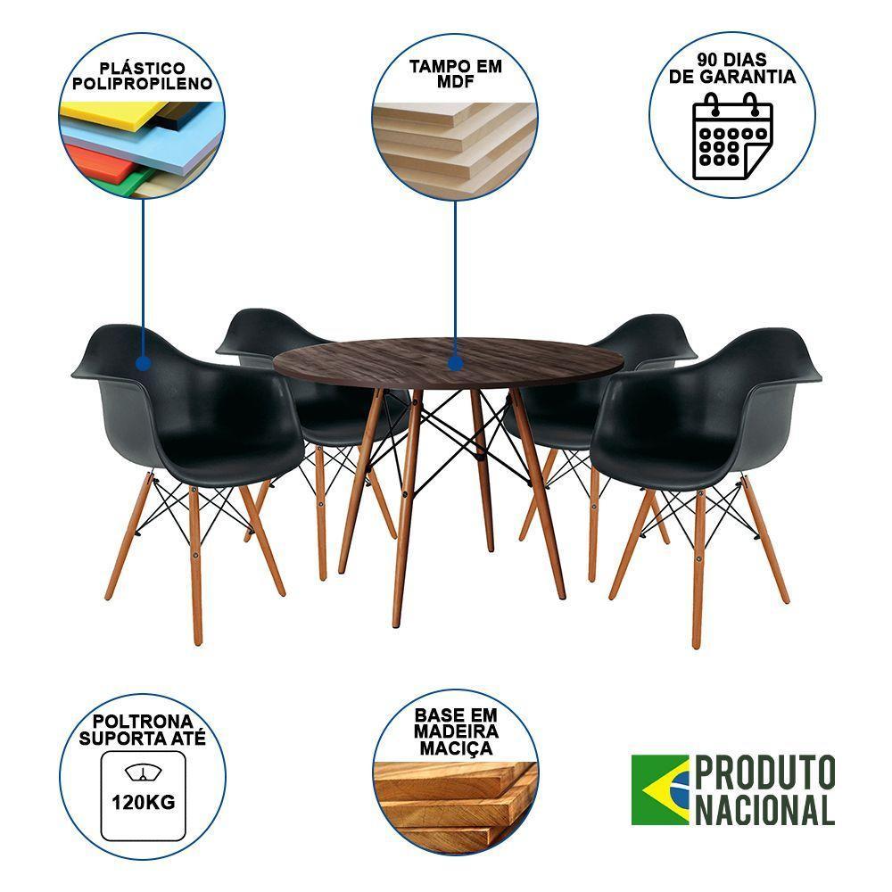 Conjunto De Jantar Mesa Redonda Em Madeira 90Cm Amêndoa Com 4 Poltronas Pretas Marrom - 6
