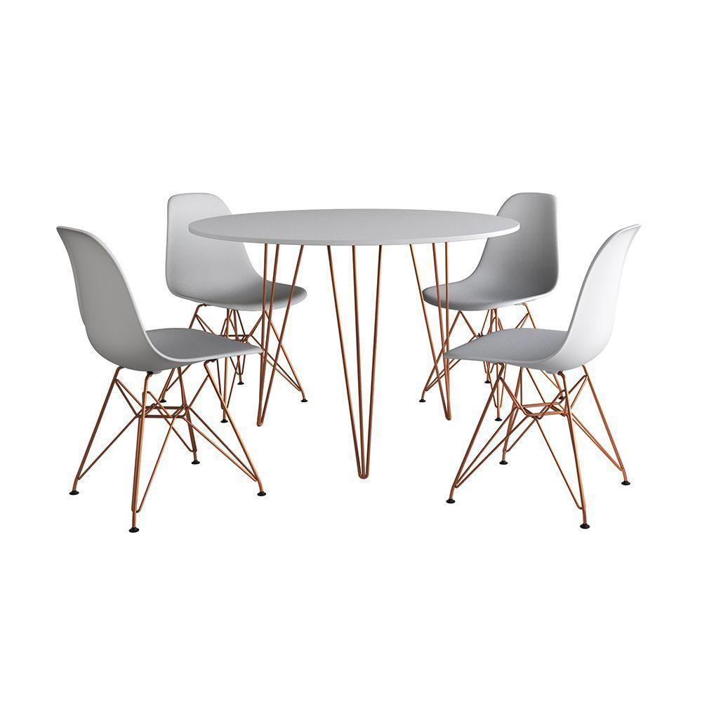 Mesa Jantar Redonda 110Cm Branca Clips 3 Pés Com 4 Cadeiras Eames Eiffel Brancas Base Cobre - 6
