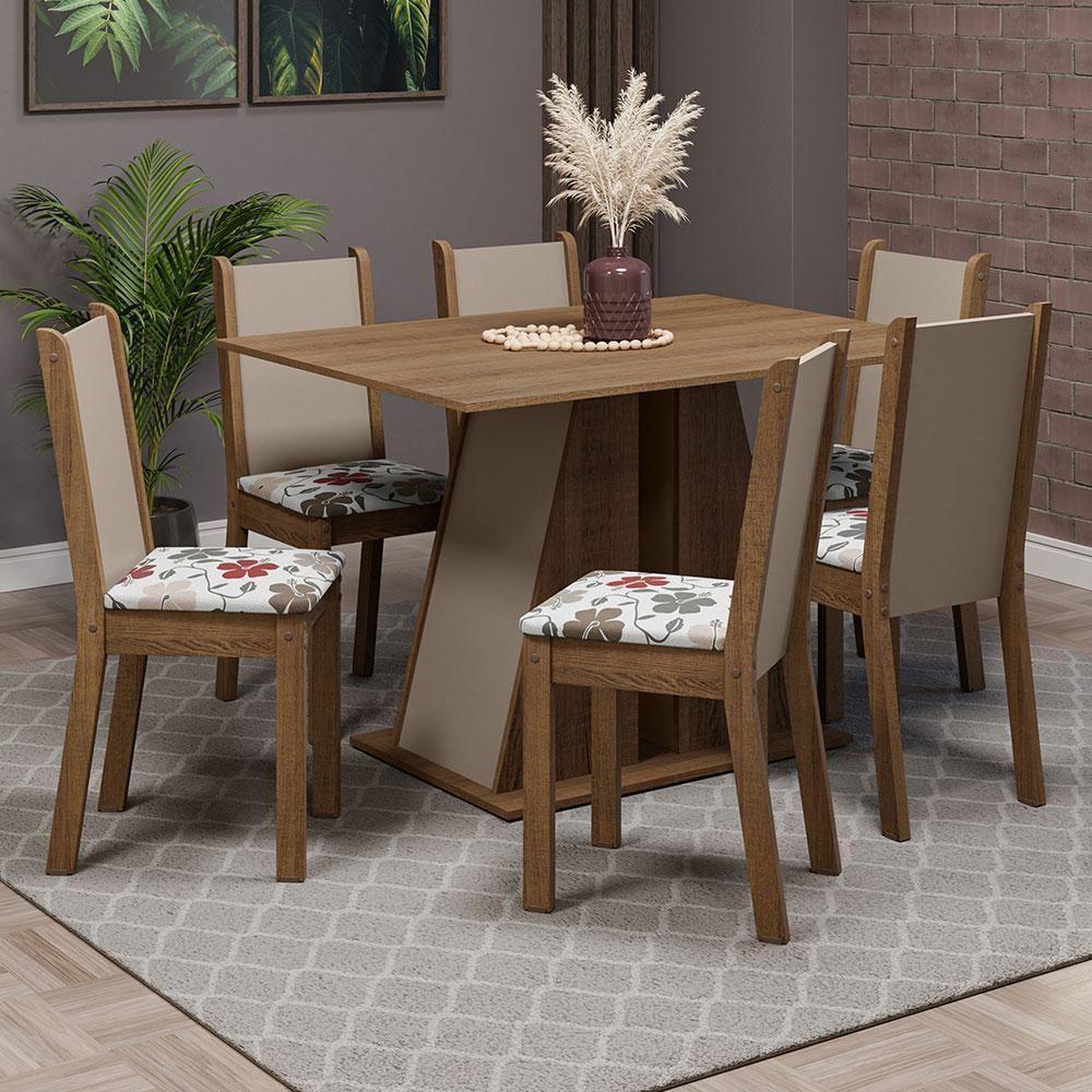 Conjunto Sala De Jantar Mesa Tampo De Madeira 6 Cadeiras Rustic/crema/hibiscos Wendy Madesa Rustic/crema/hibiscos - 1