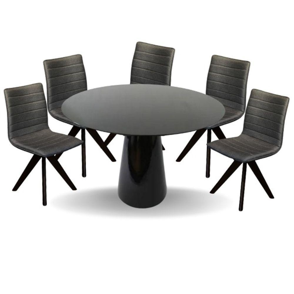 Conjunto Mesa De Jantar Cone 130 Cm Laca Preta Com Cadeiras Cercatto Giratória Revestida Em Tecido Linho Cinza Chumbo Cor Preto - 1