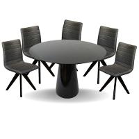 Conjunto Mesa De Jantar Cone 130 Cm Laca Preta Com Cadeiras Cercatto Giratória Revestida Em Tecido Linho Cinza Chumbo Cor Preto