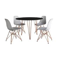 Mesa Jantar Redonda 110Cm Preta Clips 3 Pés Com 4 Cadeiras Eames Eiffel Brancas Base Cobre - 6