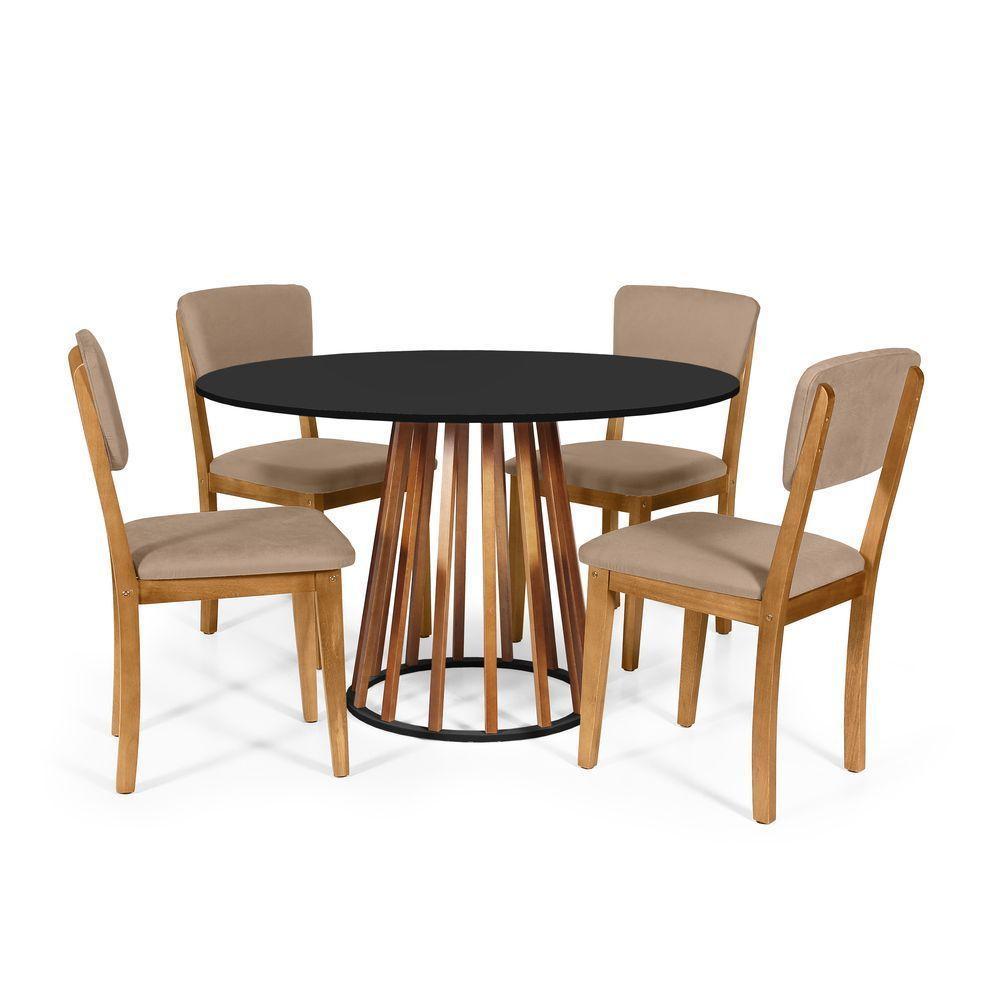 Mesa De Jantar Redonda Gabi Nat/pret Com 4 Cadeiras Estofadas Ella Marrom Claro - 1