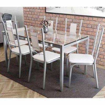 Sala De Jantar Completa Reno C/ Tampo Vidro 150cm + 6 Cadeiras Florença Cromado/courano Branco