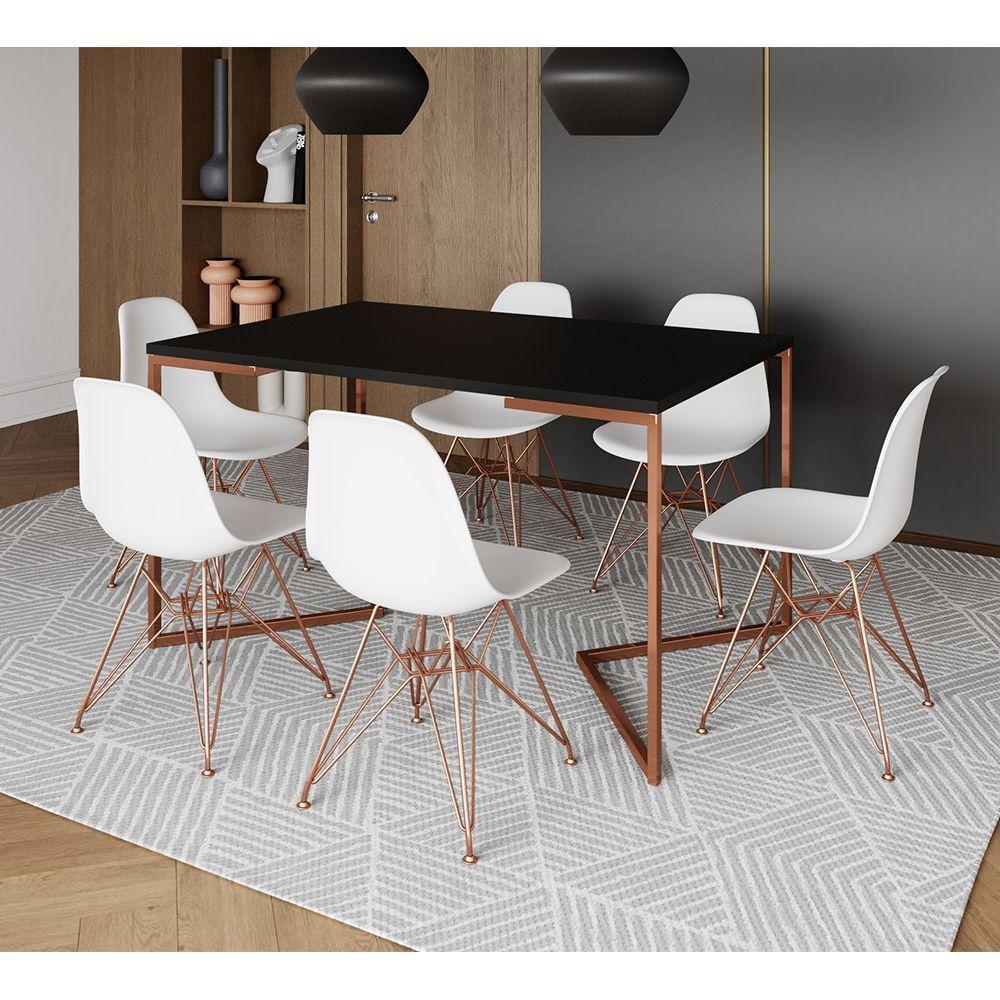 Mesa Jantar Industrial Retangular 137X90Cm Preta Base V Com 6 Cadeiras Eames Eiffel Brancas Base Cob - 1