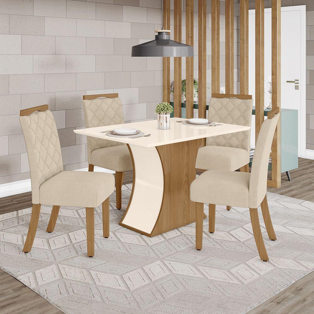 Conjunto Sala De Jantar Tampo Mdf Canto Reto 120 Cm 4 Cadeiras Amélia Henn Nature Com Off White E Linho - 1