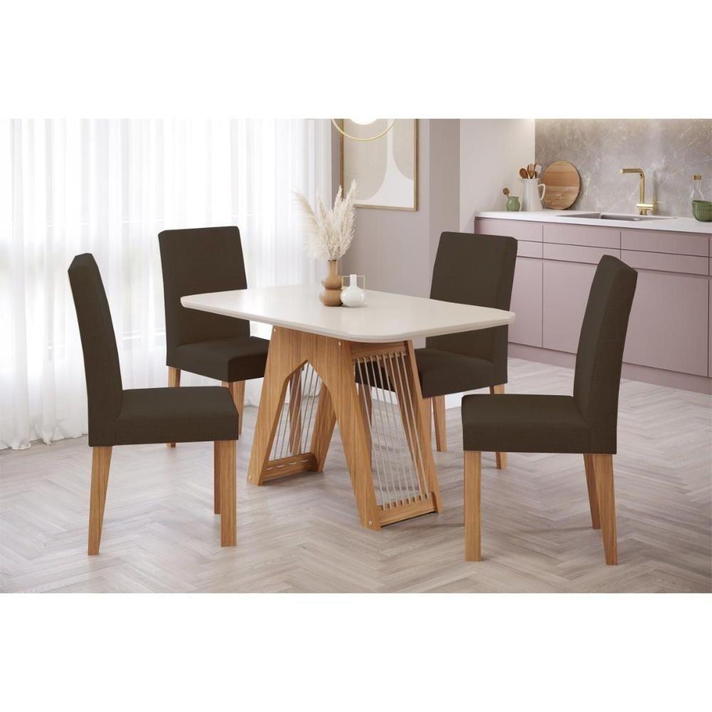 Conjunto: Mesa Sala Jantar Carol c/ Tampo Madeirado c/ Vidro 130cm + 4 Cadeiras Maia Nature/Off White/Mascavo - Cimol - 1