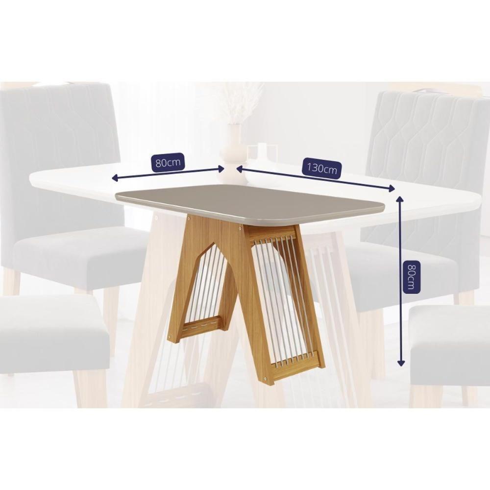 Conjunto: Mesa Sala Jantar Carol c/ Tampo Madeirado c/ Vidro 130cm + 4 Cadeiras Maia Nature/Off White/Mascavo - Cimol - 4