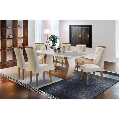 Conjunto: Mesa Sala Jantar Jade Tampo Madeirado c/ Vidro Canto Curvo 180cm + 6 Cadeiras Melissa Imbuia/Creme - Rufato