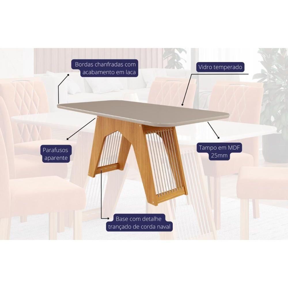 Conjunto: Mesa Sala Jantar Carol c/ Tampo Madeirado c/ Vidro 180cm + 6 Cadeiras Juliana Nature/Off White/Madeira/Joli - Cimol - 3