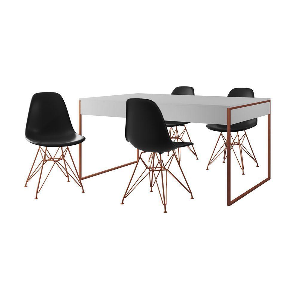 Mesa Jantar Industrial Retangular Filadélfia Branca 137X90Cm Com 4 Cadeiras Eames Pretas Base Cobre - 6