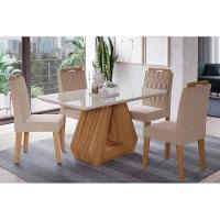 Sala de Jantar Completa Ágata c/ Tampo Madeirado c/ Vidro 130cm + 4 Cadeiras Paola Nature/OW/Nude - Cimol - 1