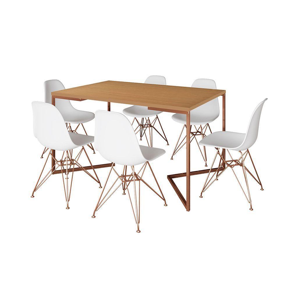 Mesa Jantar Industrial Retangular 137X90Cm Canela Base V Com 6 Cadeiras Eames Eiffel Brancas Base Co - 6