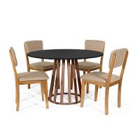 Mesa De Jantar Redonda Gabi Pret/nor Com 4 Cadeiras Estofadas Ella Bege - 1