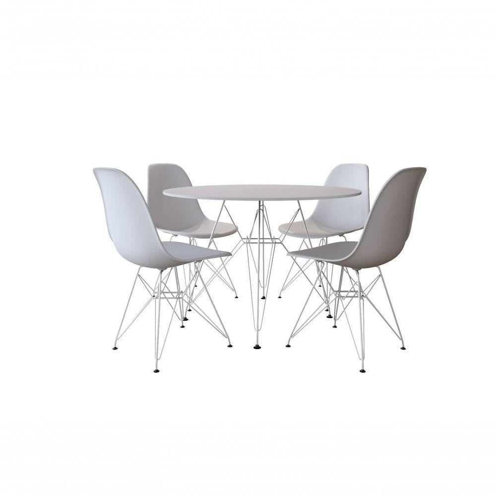 Conjunto Mesa Jantar Eames Eiffel Redonda Branca 90Cm Com 4 Cadeiras Brancas Base Ferro Branco - 1
