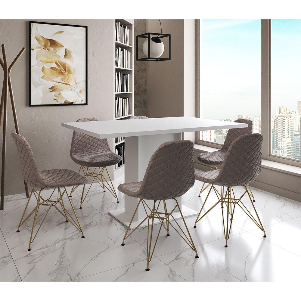 Mesa Jantar Londres Retangular Branca 137X90 6 Cadeiras Estofadas Nude Médio Base Dourado - 1