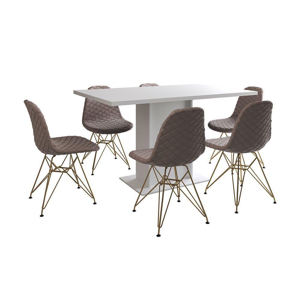 Mesa Jantar Londres Retangular Branca 137X90 6 Cadeiras Estofadas Nude Médio Base Dourado - 6