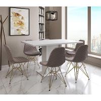 Mesa Jantar Londres Retangular Branca 137X90 6 Cadeiras Estofadas Nude Médio Base Dourado - 1