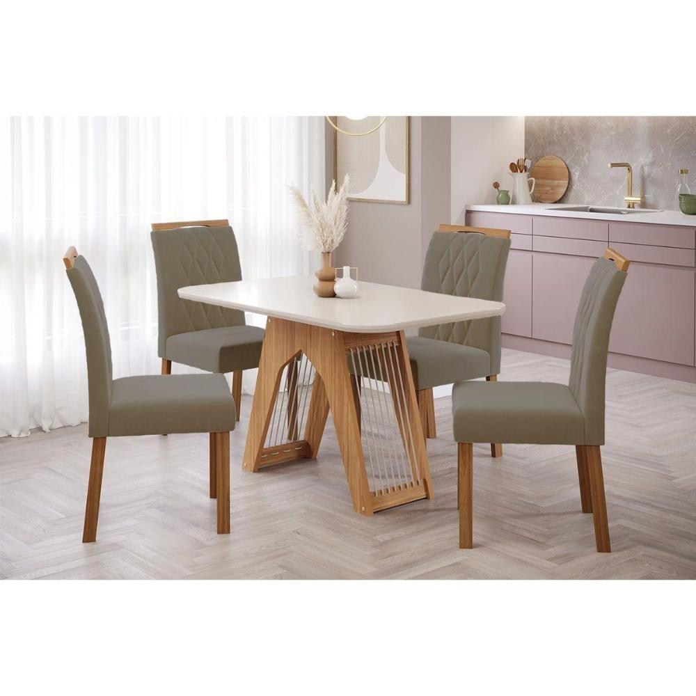 Sala de Jantar Completa Carol c/ Tampo Madeirado c/ Vidro 130cm + 4 Cadeiras Juliana Nature/Off White/Madeira/Joli - Cimol - 1