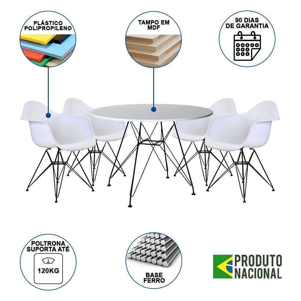 Mesa Sala De Jantar Redonda 90Cm Branca Com 4 Poltronas Brancas Ferro Preto Branco - 6