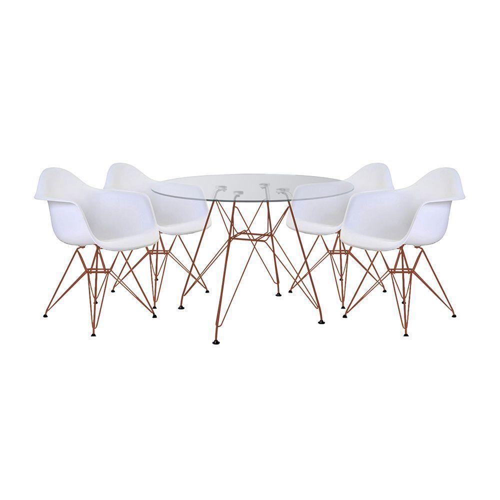 Conjunto Jantar Mesa Vidro Redonda 110Cm Com 4 Poltronas Brancas Ferro Cobre Branco - 1